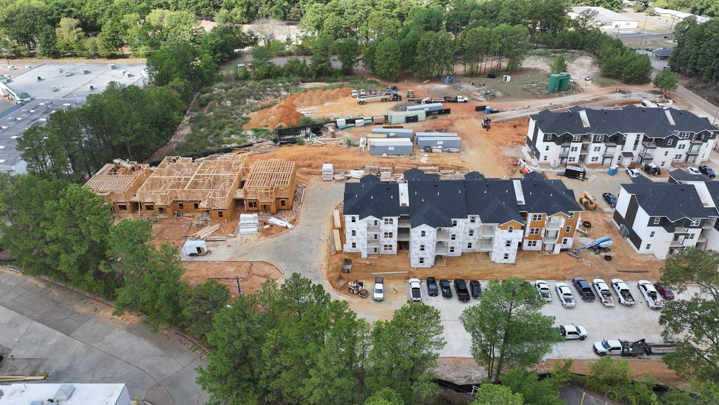 Aerial of apartment buildings under construction